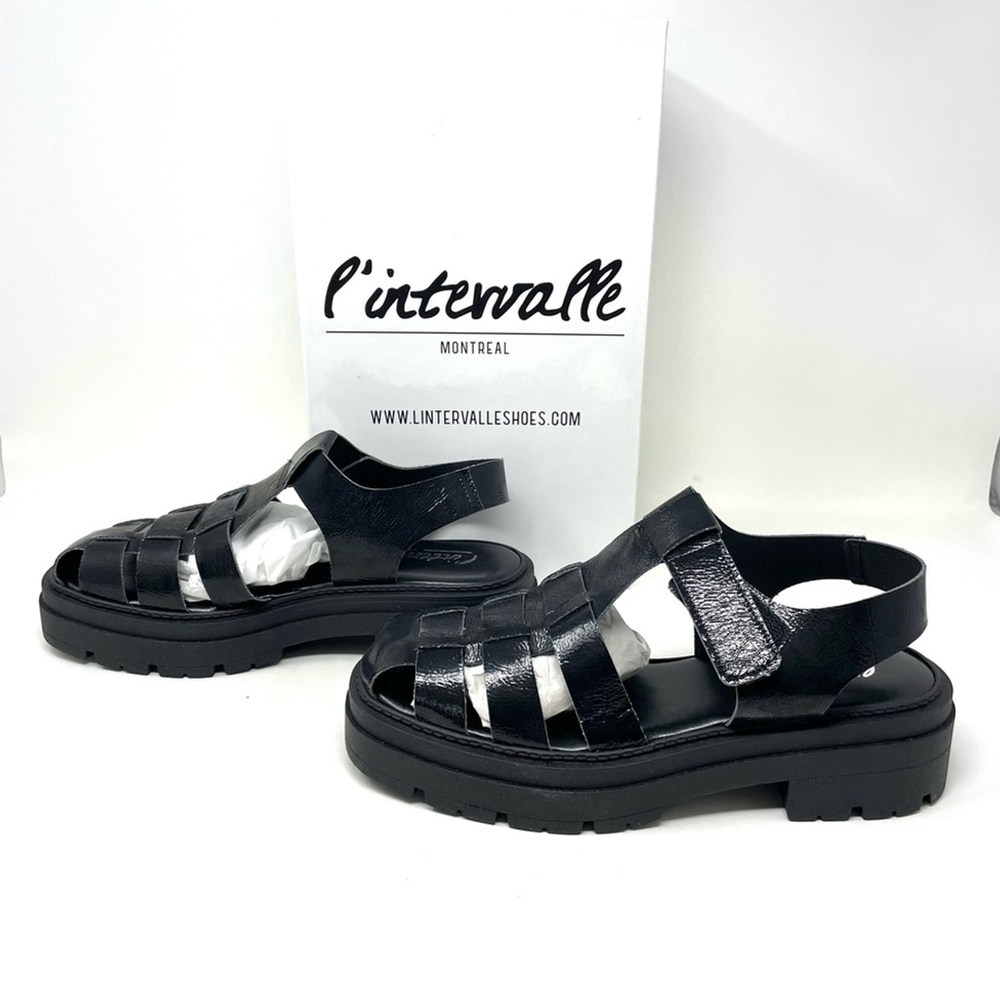 l’Intervalle Black Naplack Leather Gandalfo Fisherman Sandals Size 39 8.5 - Picture 3 of 13
